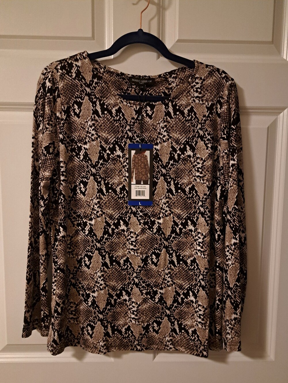MARIO SERRANI TOP brand new LONG SLEEVE crew neck TAN SNAKESKIN size large